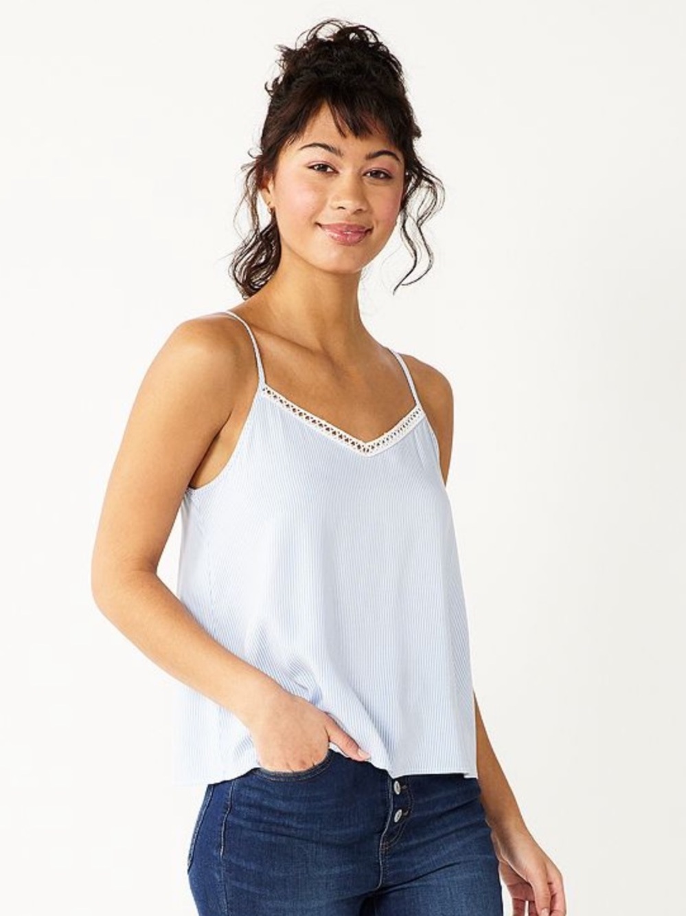 Lace Trim Cami blue white stripes L NWT